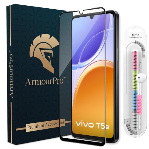 Image of ArmourPro Military-Grade Tempered Glass for Vivo T5e - 9H Anti Scratch, Edge-to-Edge Coverage, HD Clarity, Smooth Touch, Case Friendly, Easy Installation Kit with Cable Protector
