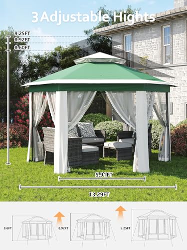 Garvee 13x13FT Pop Up Gazebo Screen Tent,Hexagonal Instant Gazebo Tent with Mosquito Netting Outdoor Canopy,6 Sided Sun Shelter with Mesh Netting,Pavilion Tents for Patio,Green+Beige