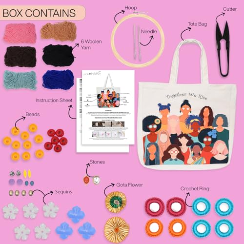 Image of picknMAKE DIY Embroidery Tote Bag for Women - Aesthetic & Stylish Office Bag with Digitally Printed Design | 18 inch x 15 inch with Zipped Pocket | Complete Kit with Wool, Needles, Sequins and Embellishments