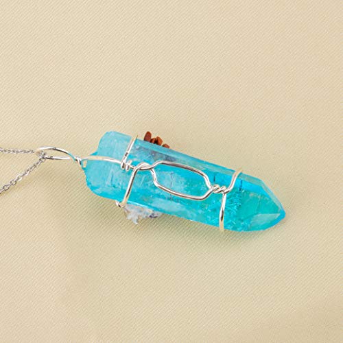 Bivei Tree of Life 7 Chakra Gemstone Copper Wire Wrap Irregular Clear Quartz Point Crystal Pendant Necklace(Silver Plated Chakra-Titanium Coated Blue)