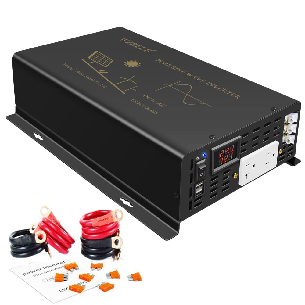 WZRELB Inversor de corriente de onda sinusoidal pura de 2500 W, 24 V CC a 120 V CA, 60 Hz, salidas de CA duales, 2 puertos USB de 2.4 A y terminal de cable duro, convertidor solar fuera de la red para