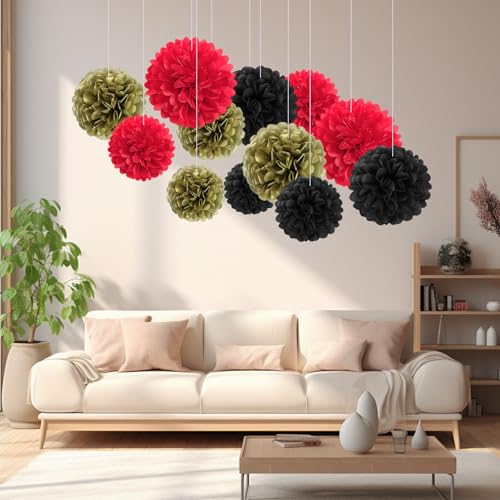 Image of 18 PCS Tissue Paper Pom Poms, Tissue Pom Poms Flowers, Sizes of 6 inch, 10 inch, 12 inch, 14 inch Hanging Paper Flower Ball for Wedding, Birthday, Halloween, Christmas, Baby Shower Party Decor (Red Black Gold)