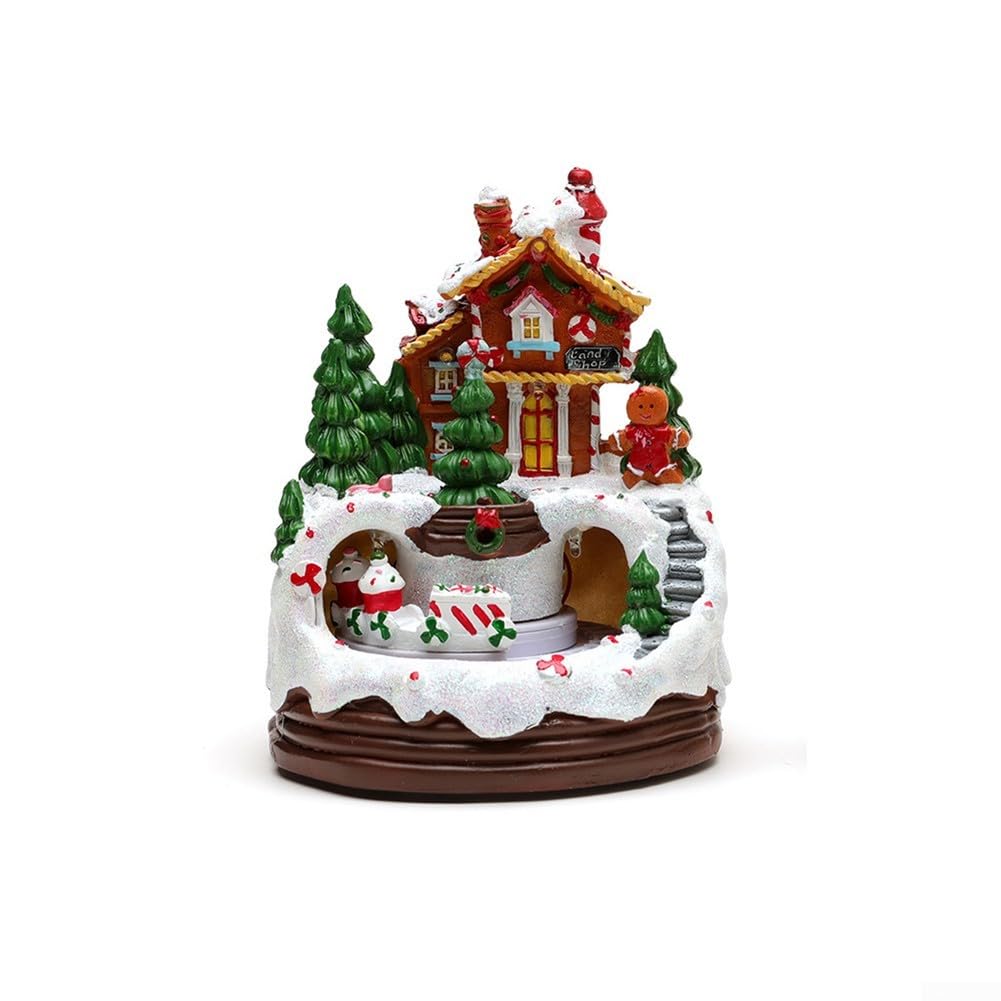 Décoration de Noël, maison de village en résine avec train, lumière chaude, musique musicale, décoration rotative pour fête de Noël (A)