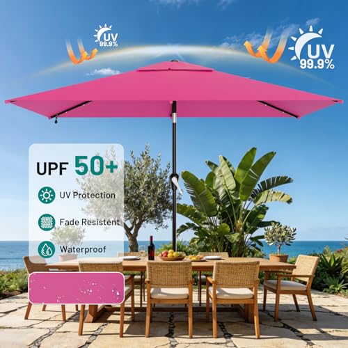 Image of AreShark 6.5' x 10' Rectangular Patio Umbrella with Solar Lights, Solar Powered Lighted Market Umbrella w /Tilt and Crank, Outdoor Table Umbrella for Garden, Deck, Backyard, Pool and Beach, Rose Pink