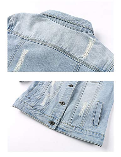 Omoone Women's 3/4 Sleeve Cropped Slim Distressed Denim Trucker Jacket Shrug Top（01 Blue-S） #TOP4