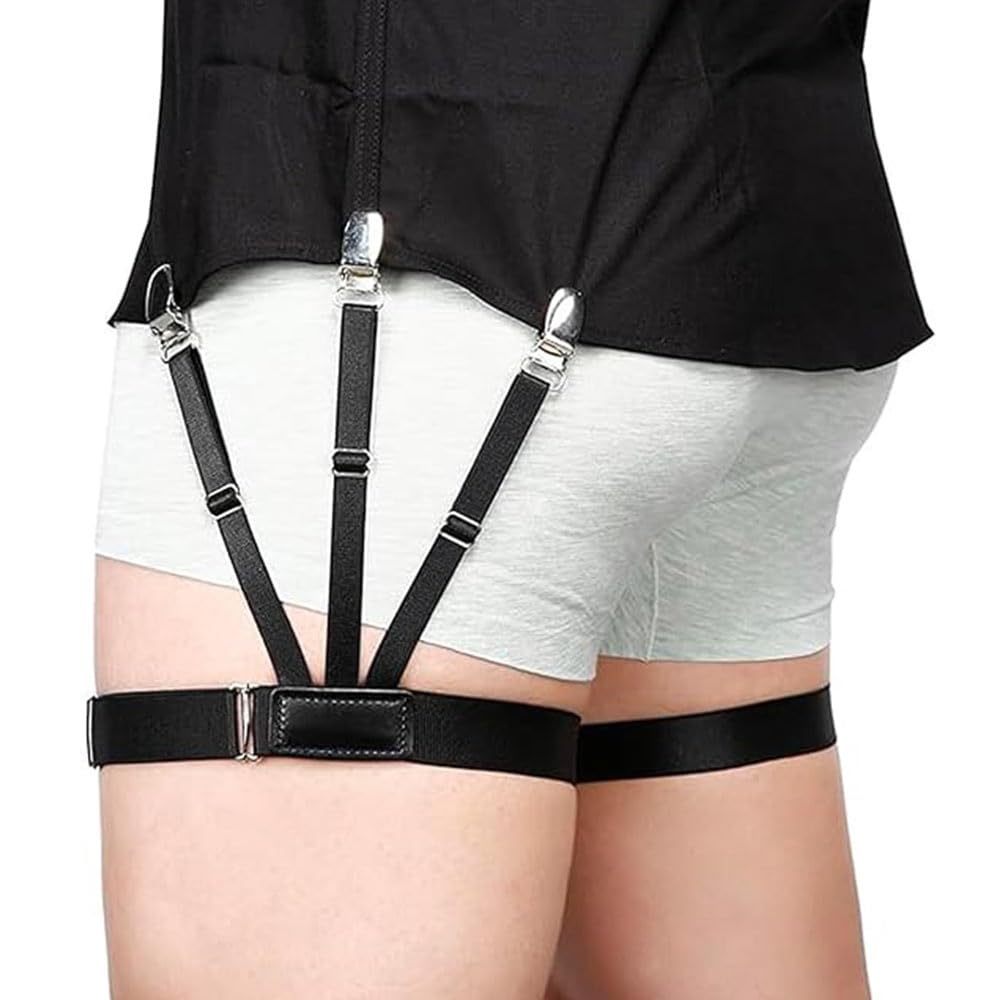 Men's Shirt Stays | Adjustable Nylon Elastic Shirt Garter Securing Position With Non-Slip Locking Clamps For Police | Leg Thigh Suspender and Shirt Tucker Belt, Men Shirt Holder (Black.)