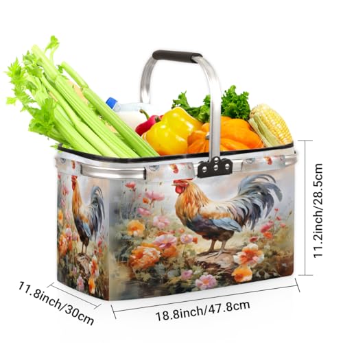 Skonsati Floral Rooster Chicken Print Folding Picnic Basket Large Reusable Shopping Basket Collapsible Grocery Tote Bag with Handle & Aluminum Frame for Picnic Beach Pool Festival
