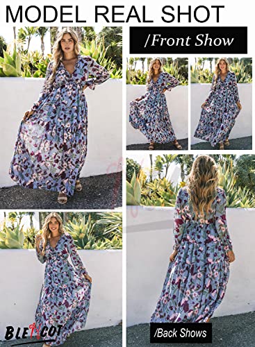 Blencot Women's Casual Boho Floral Printed Deep V Neck Loose Long Sleeve Long Evening Dress Ruched Cocktail Party Maxi Wedding Dress Blue Large #TOP1