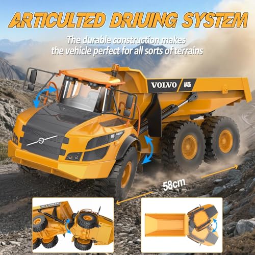 DOUBLE E 1:20 Volvo A40G RC Dump Truck - 3 Motors 3kg Load, Metal Gears Articulated Hauler, 2.4GHz Multi-Racing Construction Vehicle Models, LED Lights & Realistic Sounds, 6-Wheel Dump Bed