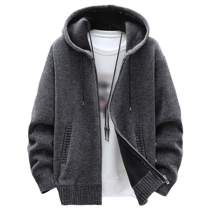 Mens Full Zip Up Hooded Knit Cardigan Lightweight Casual Regular Fit Jacket Long Sleeve Sports Sweater With Pocket (Dark Grey,XX-Large)