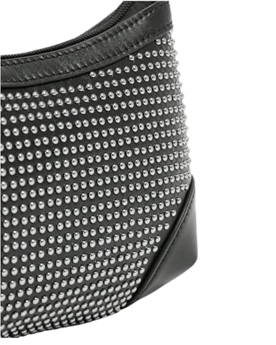 Studded Hobo Shoulder Bag with Metal Chain&Leather Combination Shoulder Strap,Handbag for Women,Black4