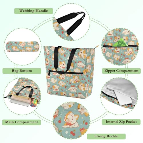 Decorative Kids Book Tote for Boys Girls Adults, Cartoon Small Bulldog Cherry Lightweight Teacher Tote Bags Handbags with Inner Pockets for School Shopping Beach Rainbow bolso para libros de3