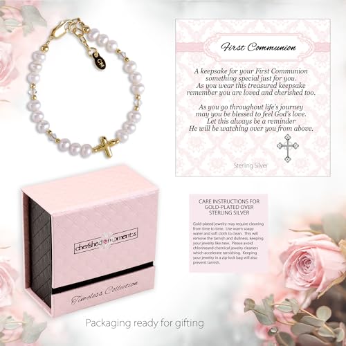 Image of Cherished Moments Girls .925 Sterling Silver and 14K Gold-Plated Cultured or Simulated Pearl Bracelets for First Communion Gifts with Poem and Gift Box