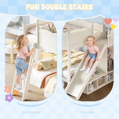 Image of Bellemave Bunk beds Full Over Full with Slide and Stair, Low bunk /loft Bed for Kids,Beige