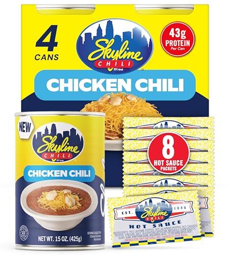 Skyline Chicken Chili Bundle - 4-Pack 15 oz Cans with 8 Packets of Skyline Chili Hot Sauce, Authentic Cincinnati Chili & Spicy Sauce Combo for Coneys, Spaghetti, Nachos & Low Carb Meals
