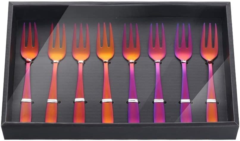 Buyer Star Dessert Pastry Forks, 18/10 Stainless Steel Cake Forks Rainbow Red Fruits Forks Set of 8, 5.4 Inch Small Salad Forks Appetizer Forks with Black Gift Box, Dishwasher Safe
