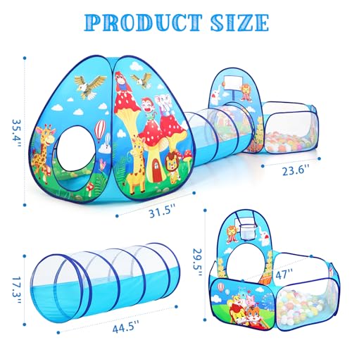 Image of PigPigPen 3 in 1 Kids Play Tent with Tunnel and Ball Pit for Boys Girls, Toddler Pop Up Playhouse Toy for Indoor Outdoor (Jungle 3pc Play Tent)