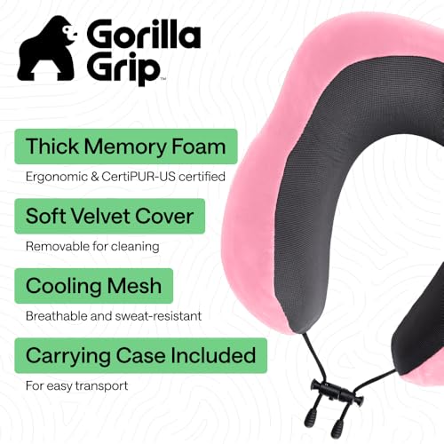 مراجعة وسادة السفر Gorilla Grip Memory Foam — دعم الرقبة للطائرة، مخمل مبرد وشبكي وقناع عين (وردي) - الصورة 2