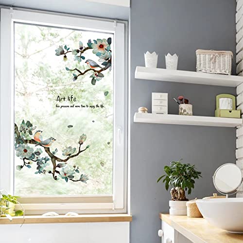 X-Xdaonl CHERRY BLOSSOM BRANCHES WINDOW CLINGS001 Birds On Cherry Blossom Branches Window Clings, Removable Green Leaf Window Stickers thumb #1
