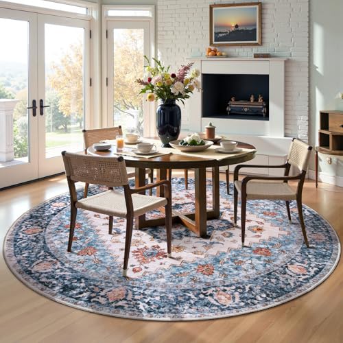 SERISSA Boho Round Area Rug, 5ft Washable Non-Slip Circle Rug, Ultra Soft Oriental Vintage Blue Orange Low-Pile Circular Carpet for Bedroom Entryway Kids Room Office College Dorm Living Room