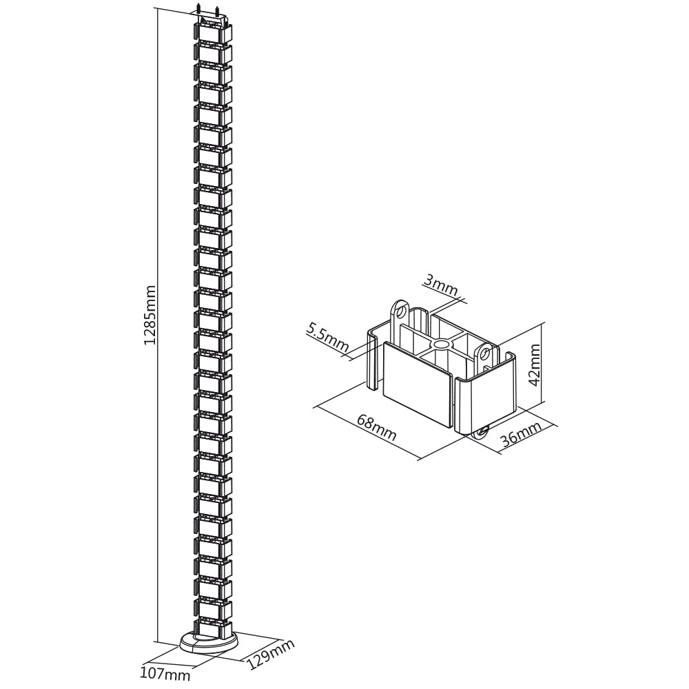 mywall Prowadnica kabla HZ42L o długości do 1285 mm, zarządzanie kablami do biurka z mocowaniem śrub, kanał kablowy okrągły, 4-drożny system kanałowy z modułową strukturą wirową