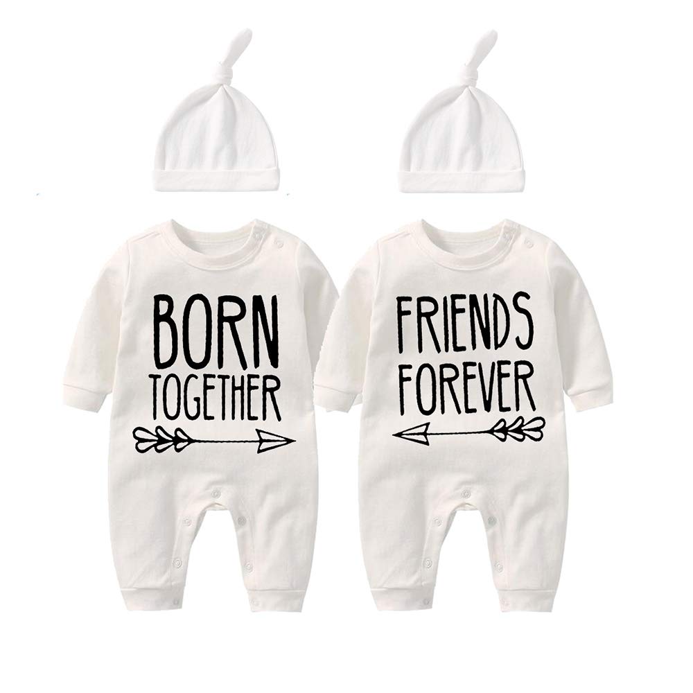 YSCULBUTOL Baby Twins Bodysuit with hat Born Together Friend Forever Baby boy Clothes Toddler Girl Clothes