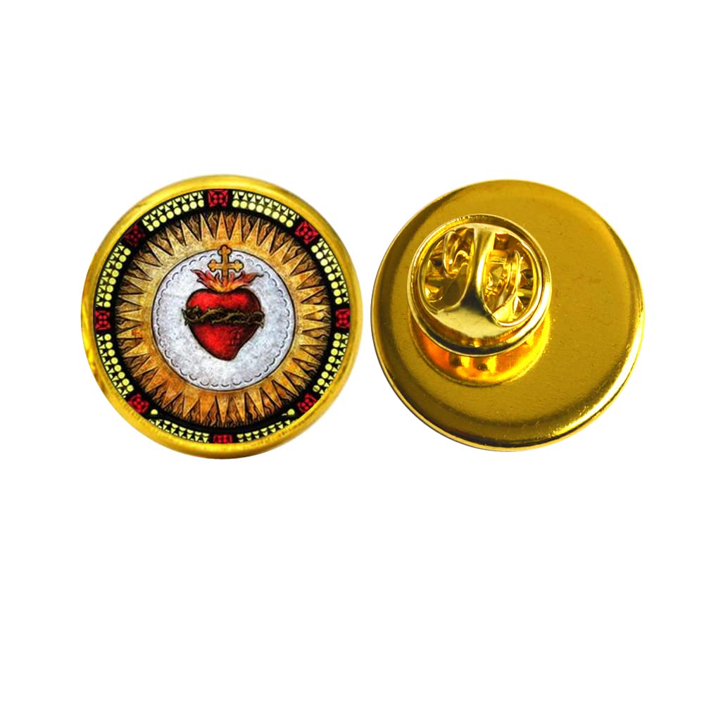 Broche de corazón sagrado con foto artística de Jesús, joyería cristiana hecha a mano PU163 dorado