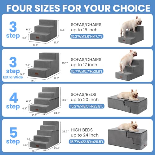 Image of Aodisman Dog Stairs for Small Dogs,Wider 3-Step Pet Steps for Couch & Bed | High-Density Foam Dog Steps with Anti-Slip Bottom,Easy for Puppies,Older Cats & Dogs to Reach Sofas & Chairs,Grey,15.7 inch H