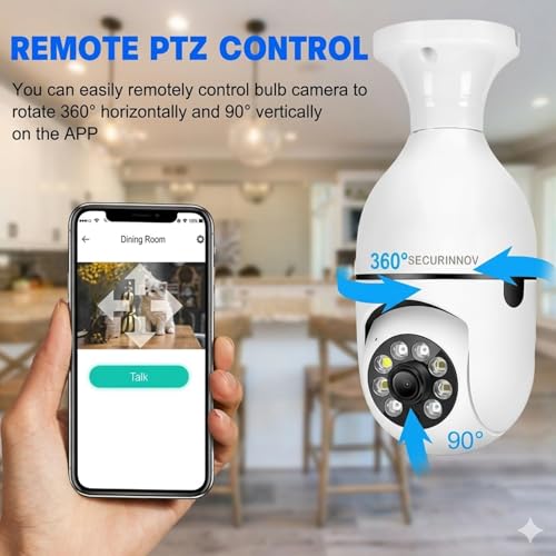 Image of securinnov 3MP Wireless WiFi Light Bulb Security Camera for Home | 360 Degree View | Smart Color Night Vision | Motion Detection Tracking | Two Way Audio | Live Monitoring via V380 Pro Mobile App