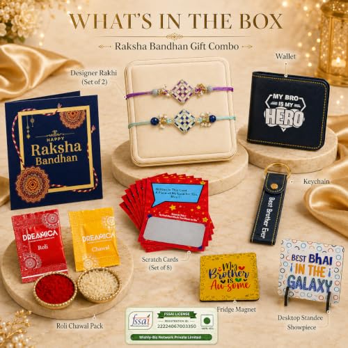 Image of Dreamica Designer Set of 2 Rakhi, Wallet, Keychain, Fridge Magnet, Standee Showpiece, Set of 8 Scratch Cards, Greeting Card and Tilak Set | Best Rakhi Gift for Brother