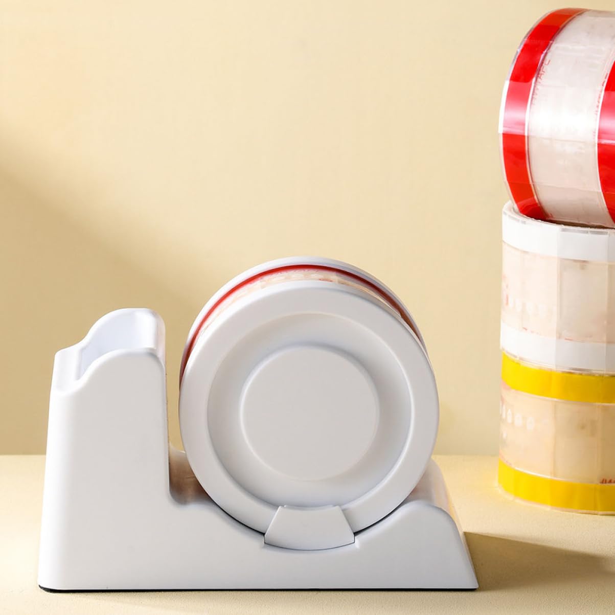 Dispenser per Nastro Adesivo da Scrivania in Plastica Bianco | Design Compatto e Semplice, Supporto Portatile per Ufficio e Scuola, Finitura Elegante