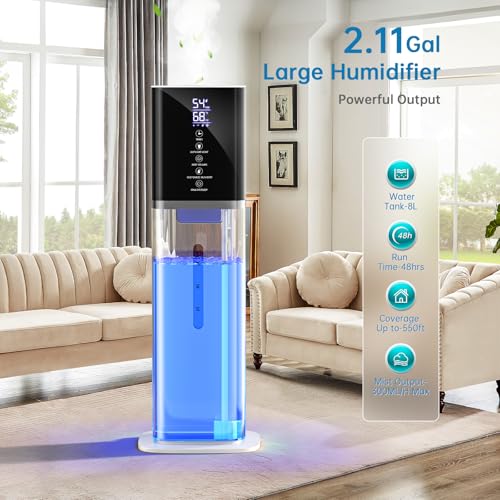 Humidifier Large Room Bedroom, 8L/2.1Gal Top Fill Cool Mist Humidifiers with Humidistat, 3-Speeds, 48H Runtime, Quiet Sleep Mode, Night Light, 12H Timer, 360° Nozzle & Aroma Diffuser for Baby, Plants by Honovos - Image 3
