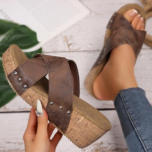 Women's Summer Cork Slide Sandals Slip on with Studded Footbed Open Toe Slippers Criss Cross Wedge Sandals4