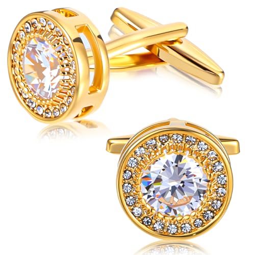 QFGasre Cufflinks for Men Cuff Links Diamond Crystal Cuff Mens Personalized Classic Round Cufflink Sparkle Diamond Gold Ornate Cufflinks for Wedding Groom Husband Christmas Gifts