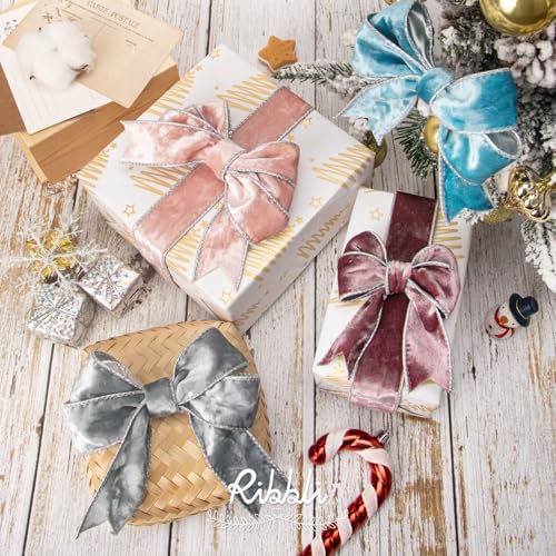 Image of Ribbli Silver Velvet Wired Ribbon 2.5 Inch Metallic Silver Crushed Velvet Christmas Ribbon for Gift Wrapping Christmas Tree Decoration Crafts Wreaths Supplies-Continuous 10 Yards