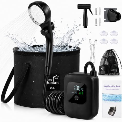 Ducha portátil ZEUSFIRE para camping con bomba recargable, balde plegable de gran capacidad, cabezal de ducha filtrado y kit para exteriores ideal para playa, senderismo, viaje, automóvil y mascotas miniatura 1