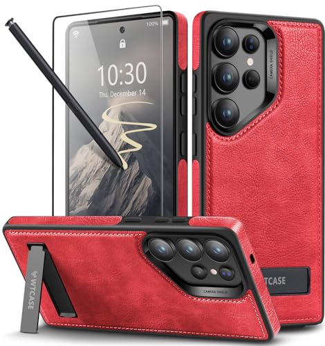Coque Samsung S25 Ultra MagSafe rouge en cuir WTCASE avec béquille