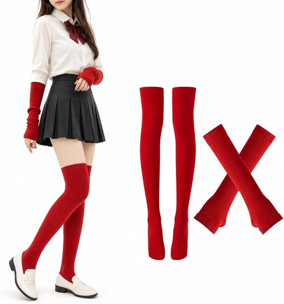 Striped Knee High Socks Leg Warmer Fingerless Socks Gloves Set for girl Women