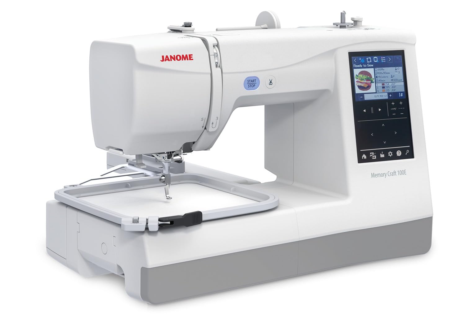 Janome Memory Craft 100E embroidery machine, front view