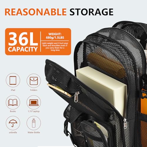 Mesh Backpack for School,with Inner Laptop Compartment,Semi-transparent Bookbag with Bungee and Comfort Padded Straps for Beach, Swimming, Sports, Work, Travel-Black4