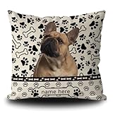 GABSHAIM Custom Dog Polka Dots Throw Pillow Cover French Bulldog Paws Bone Black and White Decorative Home Couch Cushion Pillowcase 16x16 Inch Square Linen