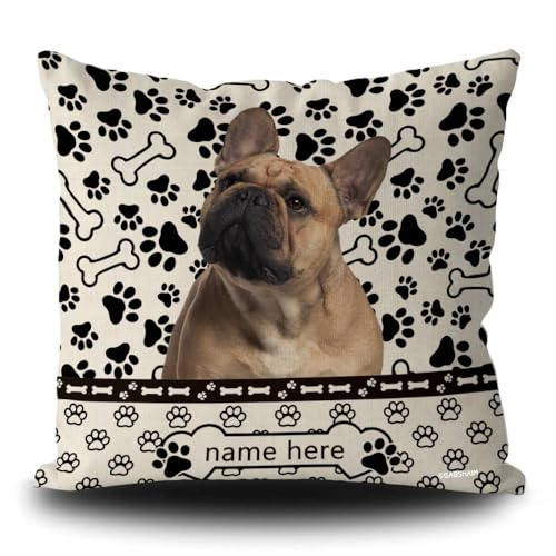 GABSHAIM Custom Dog Polka Dots Throw Pillow Cover French Bulldog Paws Bone Black and White Decorative Home Couch Cushion Pillowcase 16x16 Inch Square Linen