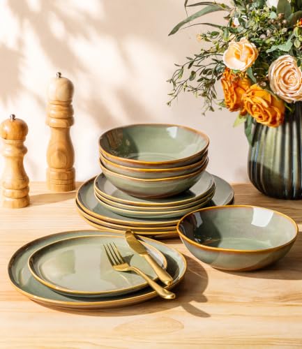 Image of Ceramic Dinnerware Set for 4, 12-Piece Plates and Bowls Set | Handmade Reactive Glaze Dish Set, Scratch Resistant, Oven & Microwave & Dishwasher Safe, Sage Umber