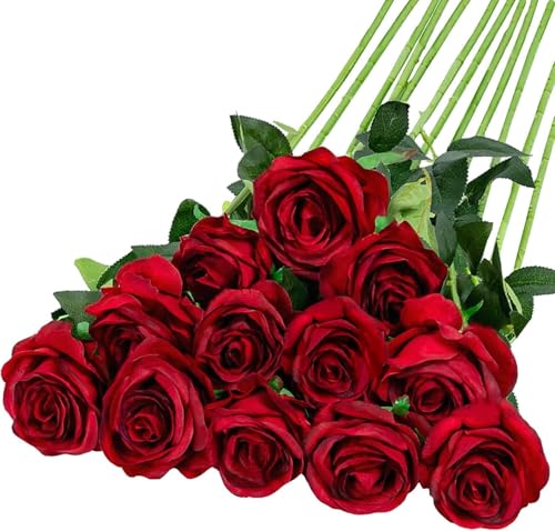 GIUSOBG 12 Pz Rose Finte in Seta Artificiale Bouquet 52cm Fiori Finti di Rosa con Steli Lunghi Rosso Fiori Artificiali Finte Artificiali per Decorazioni per la Casa di Nozze