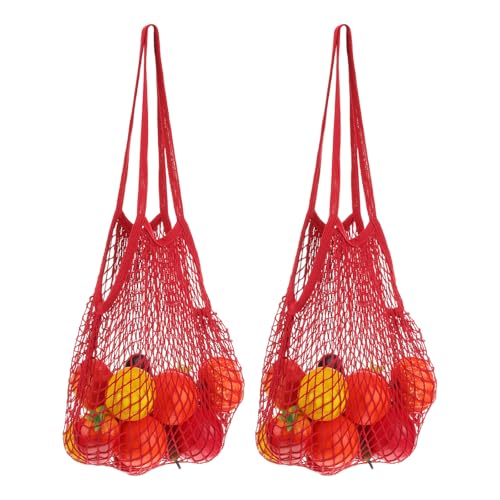 uxcell 2Pcs Reusable Mesh Produce Storage Bags Washable Net Portable Fruit and Vegetable Bag Cotton String Bags for Grocery Shopping Storage Fruit Vegetable Red Long Handle