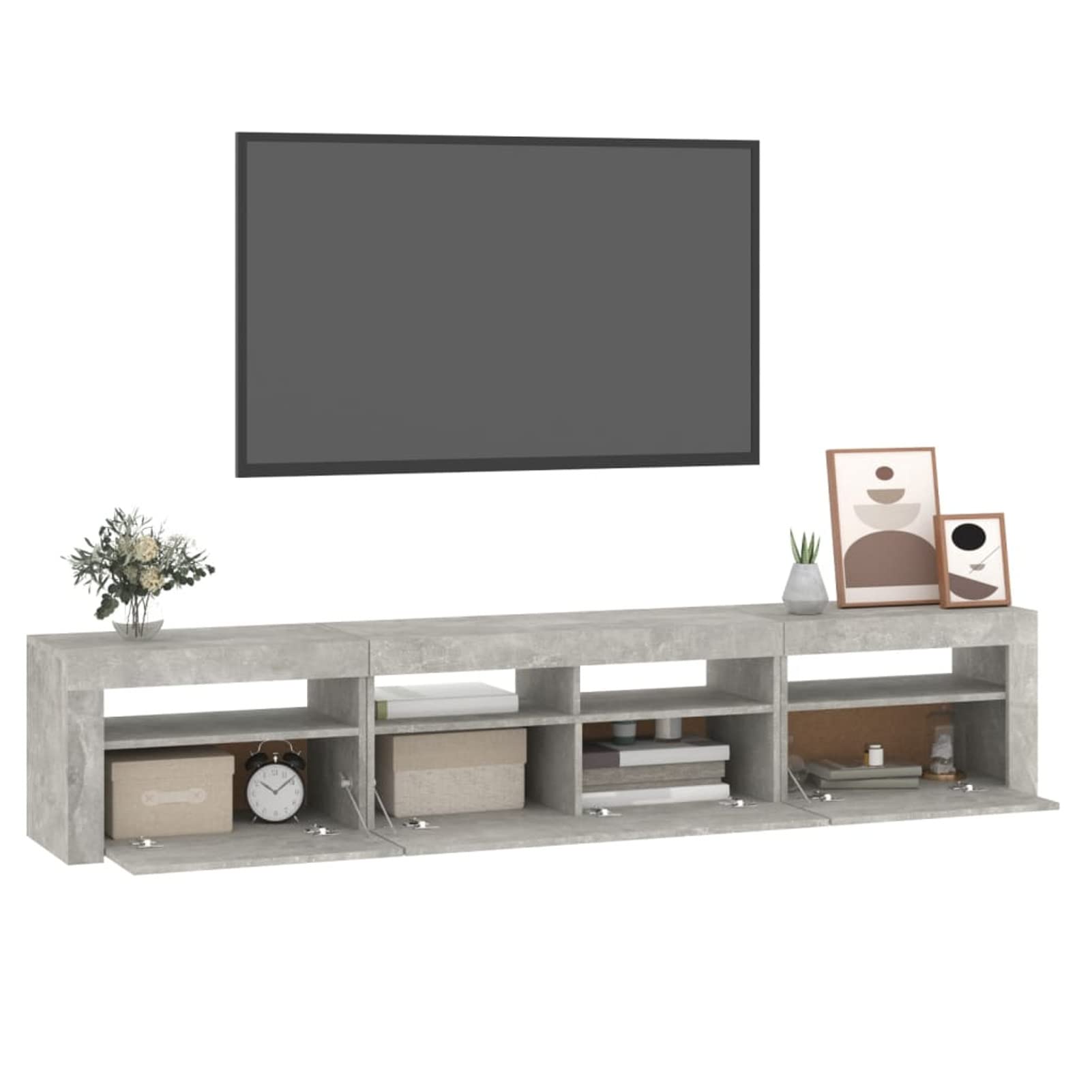 Nowoczesny stojak na telewizor z oświetleniem LED, drewniana szafka pod telewizor w kolorze cementowo-szarym, Slish 210 x 35 x 40 cm, centrum rozrywki do salonu, współczesne futro