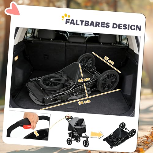PawHut Hundewagen klappbar Hundebuggy für Hunde & Katzen bis 10 kg Katzenbuggy mit Netzfenstern Getränkbehalter Aufbewahrungskorb Katzenwagen Buggy Grau