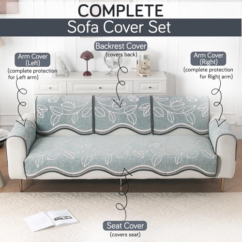 Image of HOKIPO Complete (Seat+Back+Arm) Sofa Mat Set for 3 Seater Sofa |Premium Chenille Sofa Covers with Curve Edges, 'Serene Curves Series' - Celestical Leaves (IN-997+1002+1001 * 2 - D4)