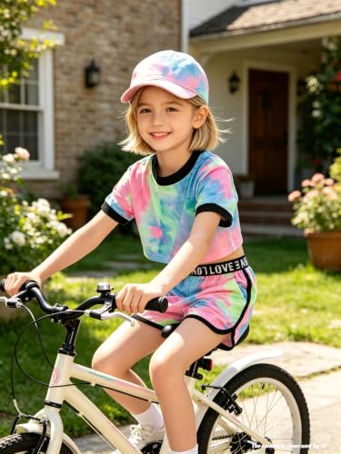 Image of Betusline Girls Summer 2 Piece Outfits,Kids Short Sleeve Crop Top & Shorts Set with Side Pockets