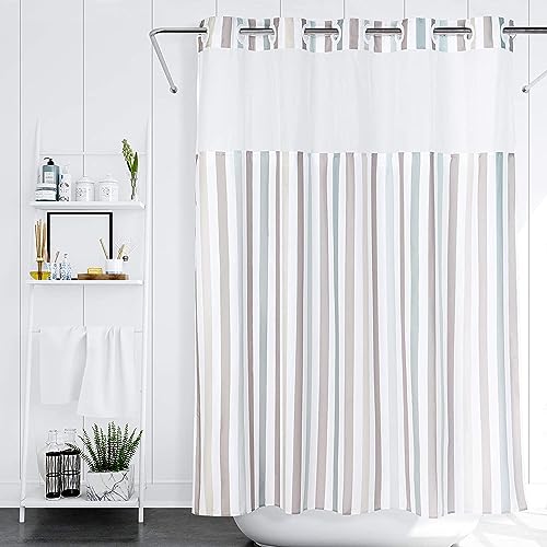 Lagute SnapHook Stijl Shower Curtain with Snap-in Liner| No Hook Needed | Removable Liner| See Through Top| Machine Washable| 74 L x 71W, Nordic Stripes